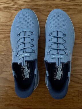Skechers Women's Light Blue Slip-On Knit Sneakers with Navy Accents